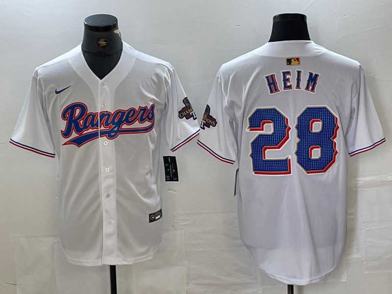 Men%27s Texas Rangers #28 Jonah Heim White 2023 World Series Champions Cool Base Jersey